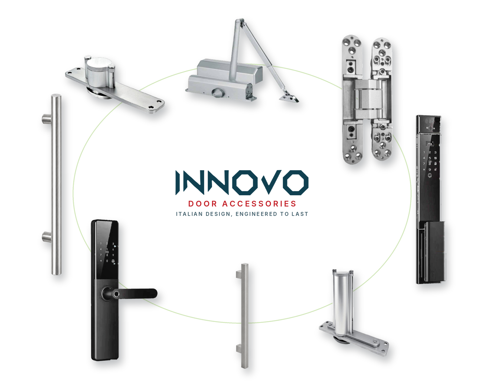 INNOVO door accessories: pivot systems, concealed hinges, door closers, pull handles and smart locks